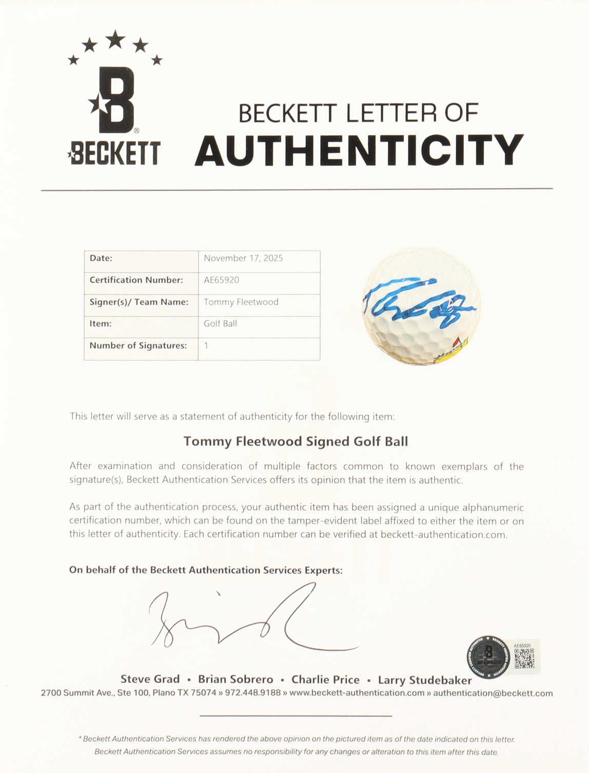 Tommy Fleetwood Signed Masters Golf Ball (Beckett)